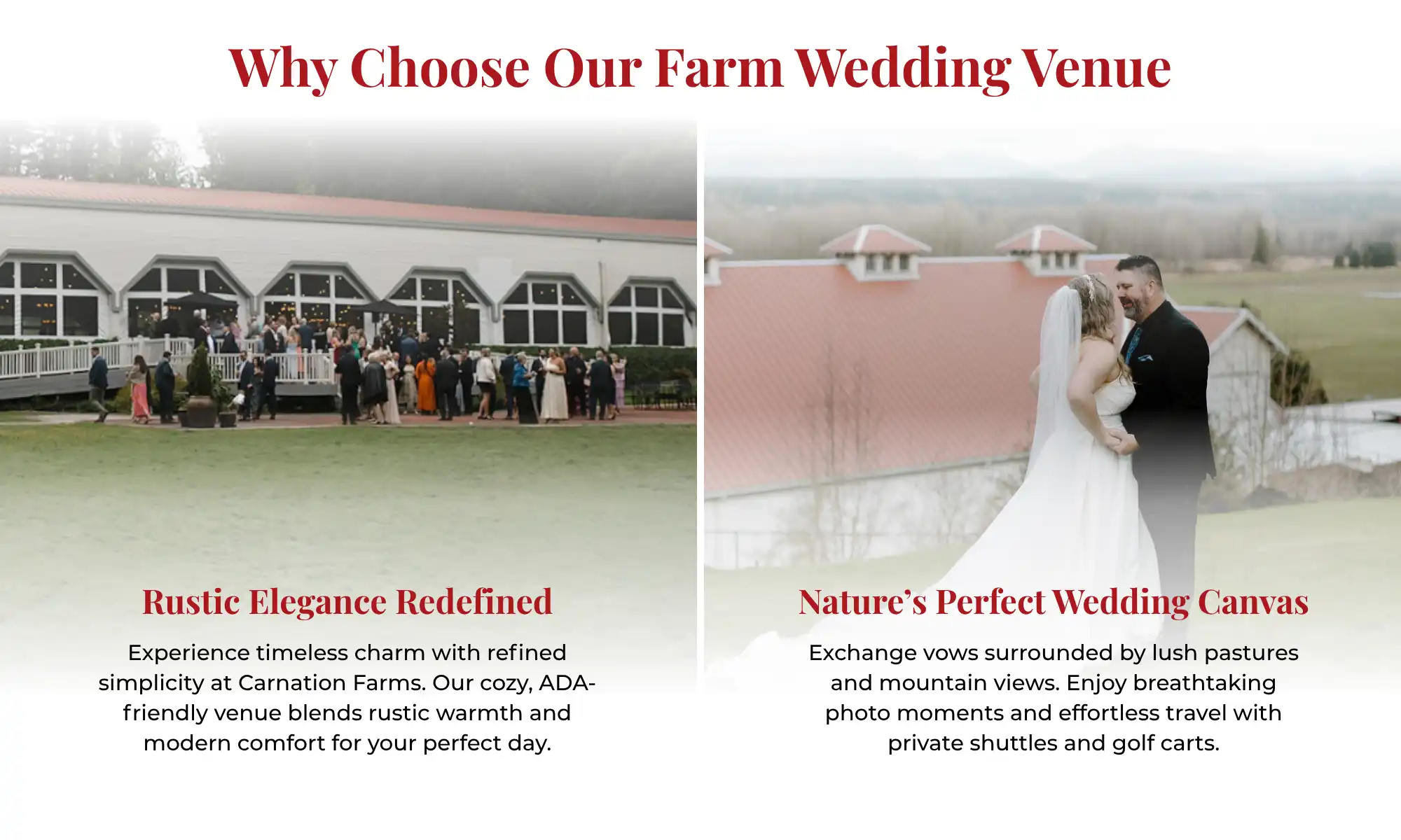 Bride and groom at Carnation Farms wedding venue with mountain and barn backdrop