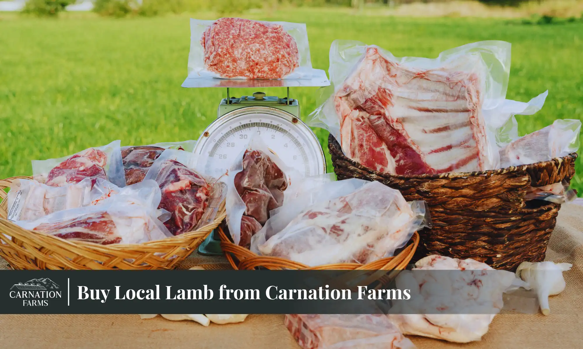 Buy Local Lamb Carnation Farms | Carnation Farms Packaged lamb cuts displayed in baskets at Carnation Farms for local purchase