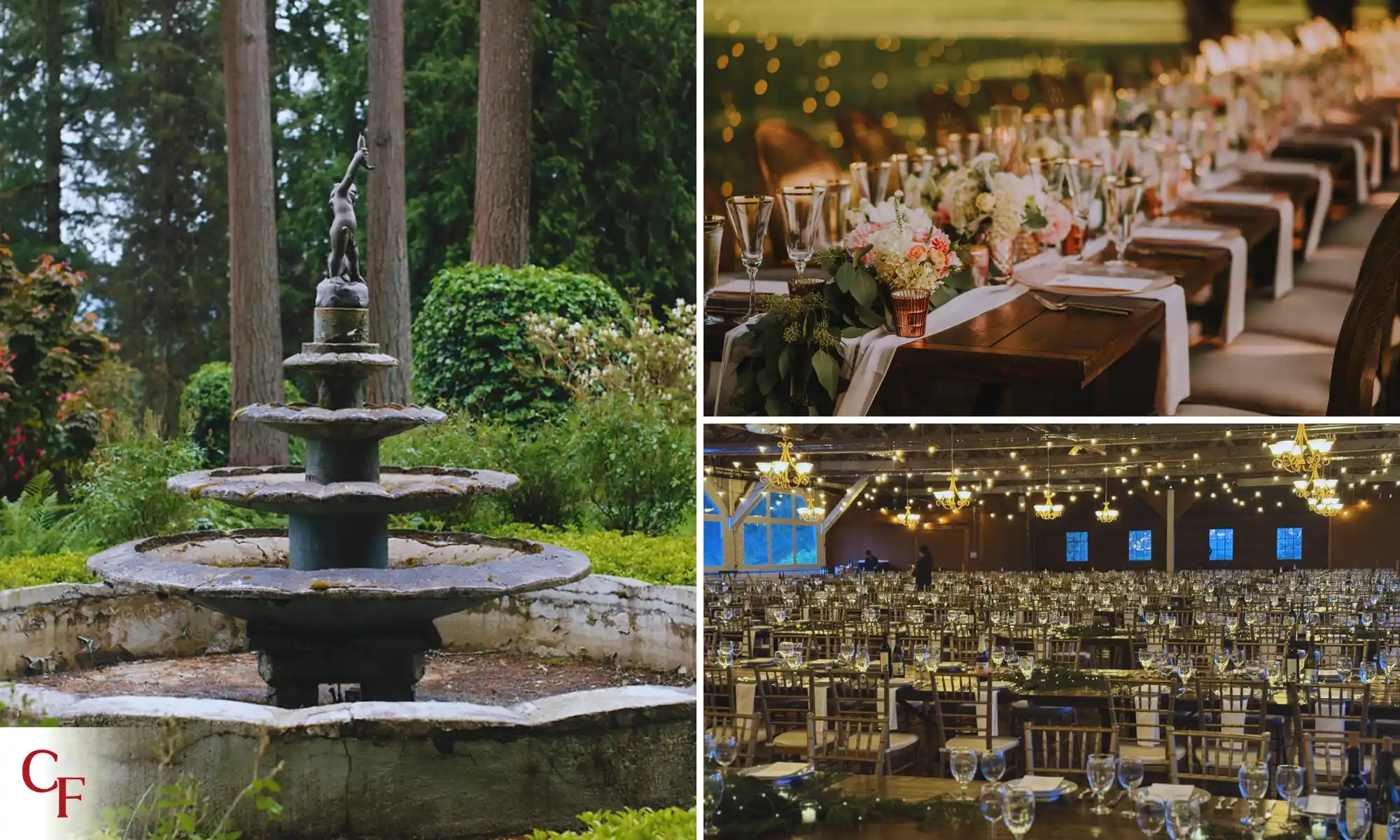 Wedding amenities at Carnation Farms including garden fountain, styled reception tables, and barn reception seating.