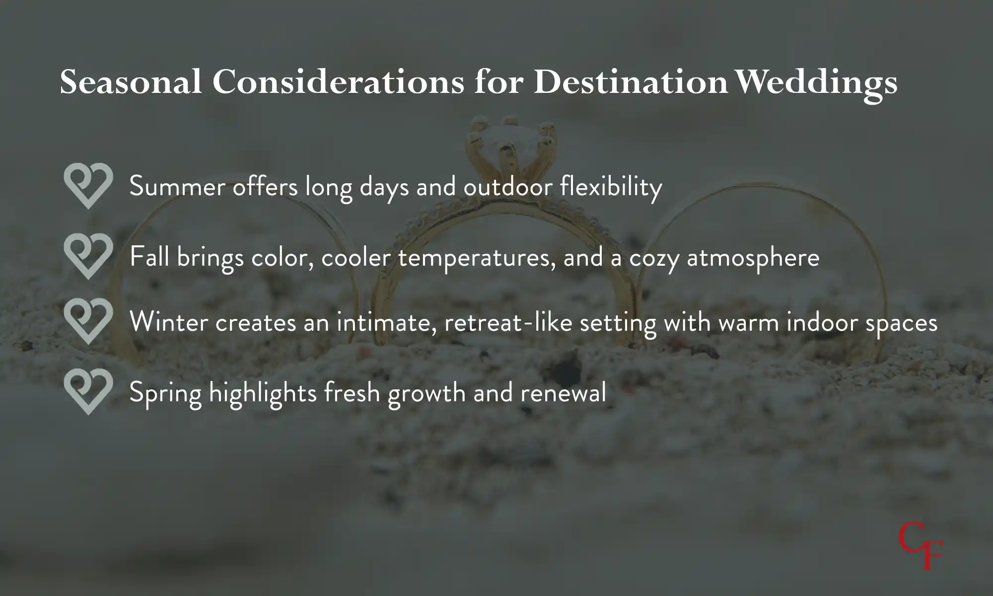 Seasonal destination wedding planning guide showing summer, fall, winter, and spring considerations.
