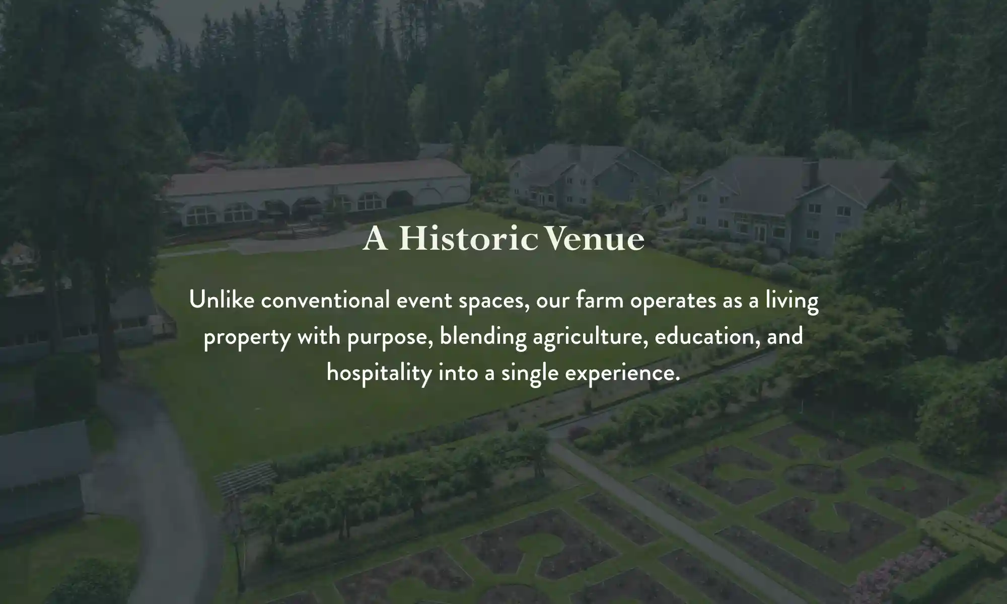 Historic event venue at Carnation Farms in Washington’s Snoqualmie Valley with farm fields and buildings.