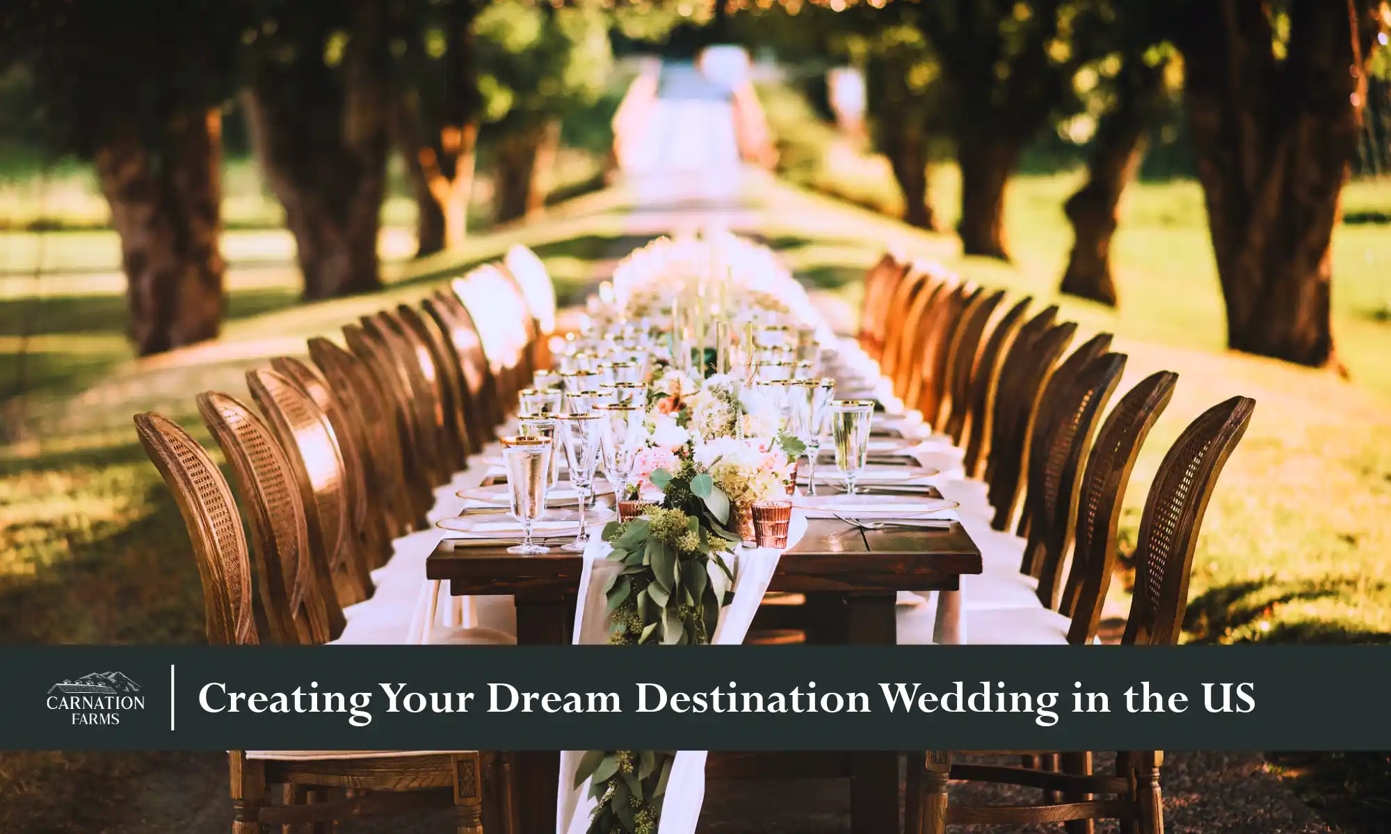 Long outdoor reception table setup for a destination wedding celebration.