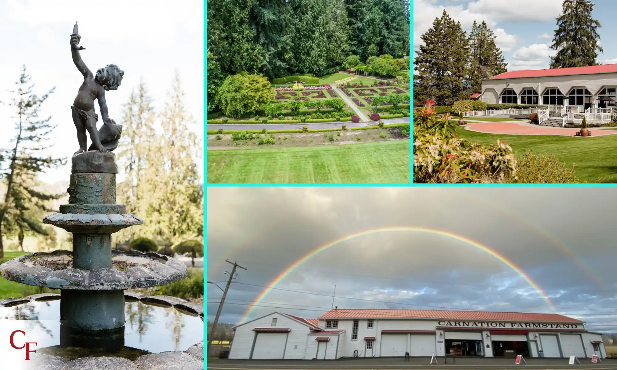 Snoqualmie Valley landmarks near Carnation Farms including gardens, historic buildings, and scenic views.