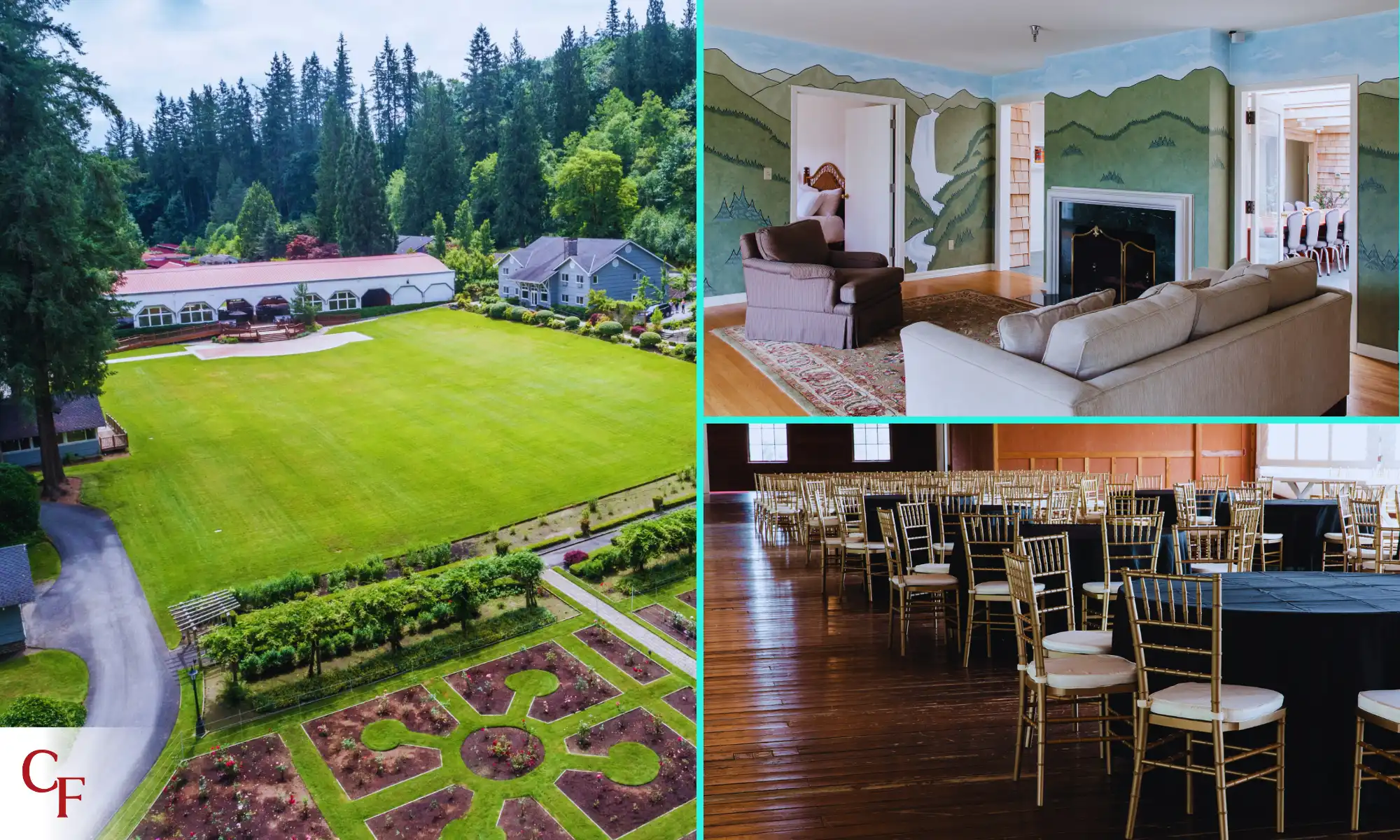 Leadership Retreat Accommodations | Carnation Farms Collage of Carnation Farms lodging, meeting halls, and aerial view of retreat grounds