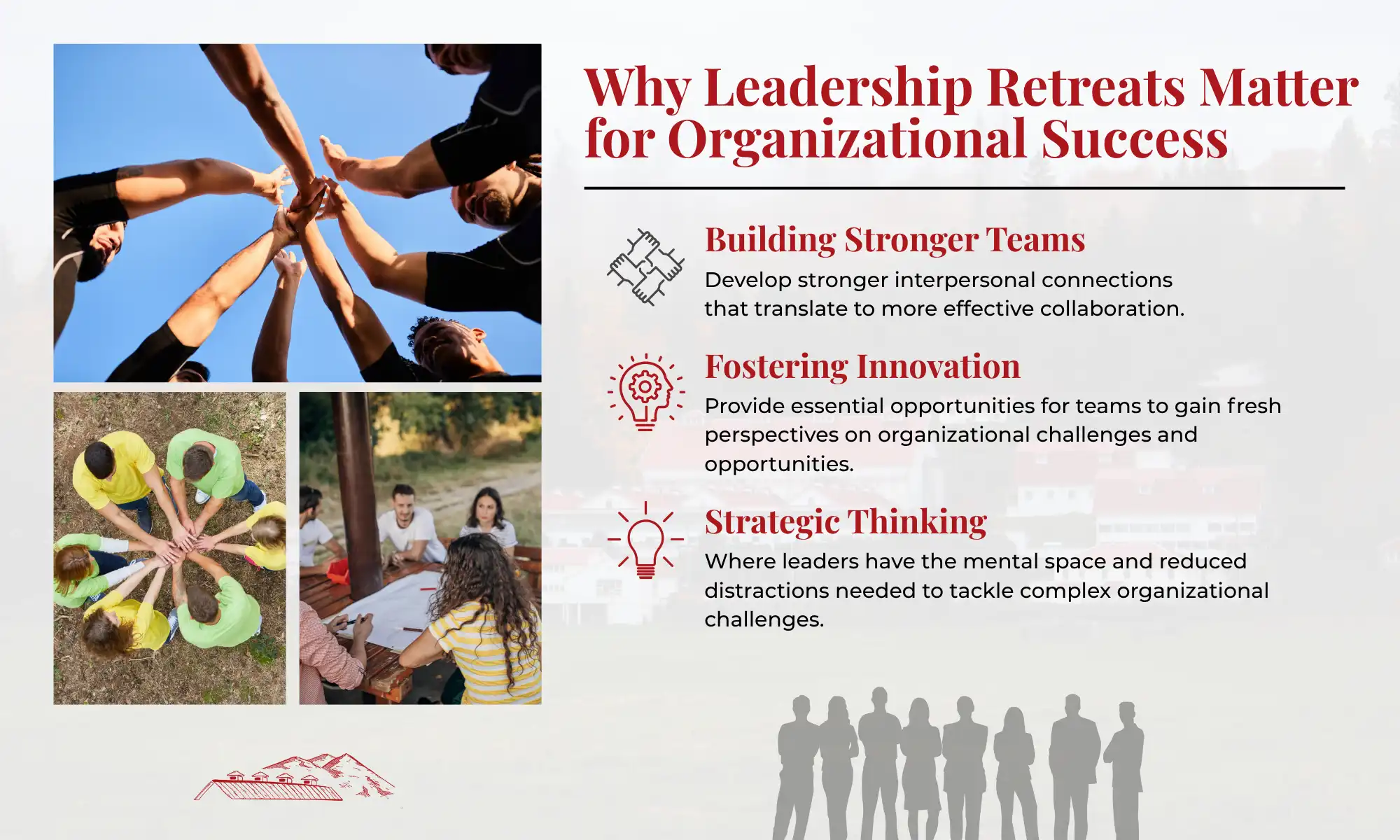 Leadership Retreat Benefits | Carnation Farms Infographic showing leadership retreat benefits for team building and innovation