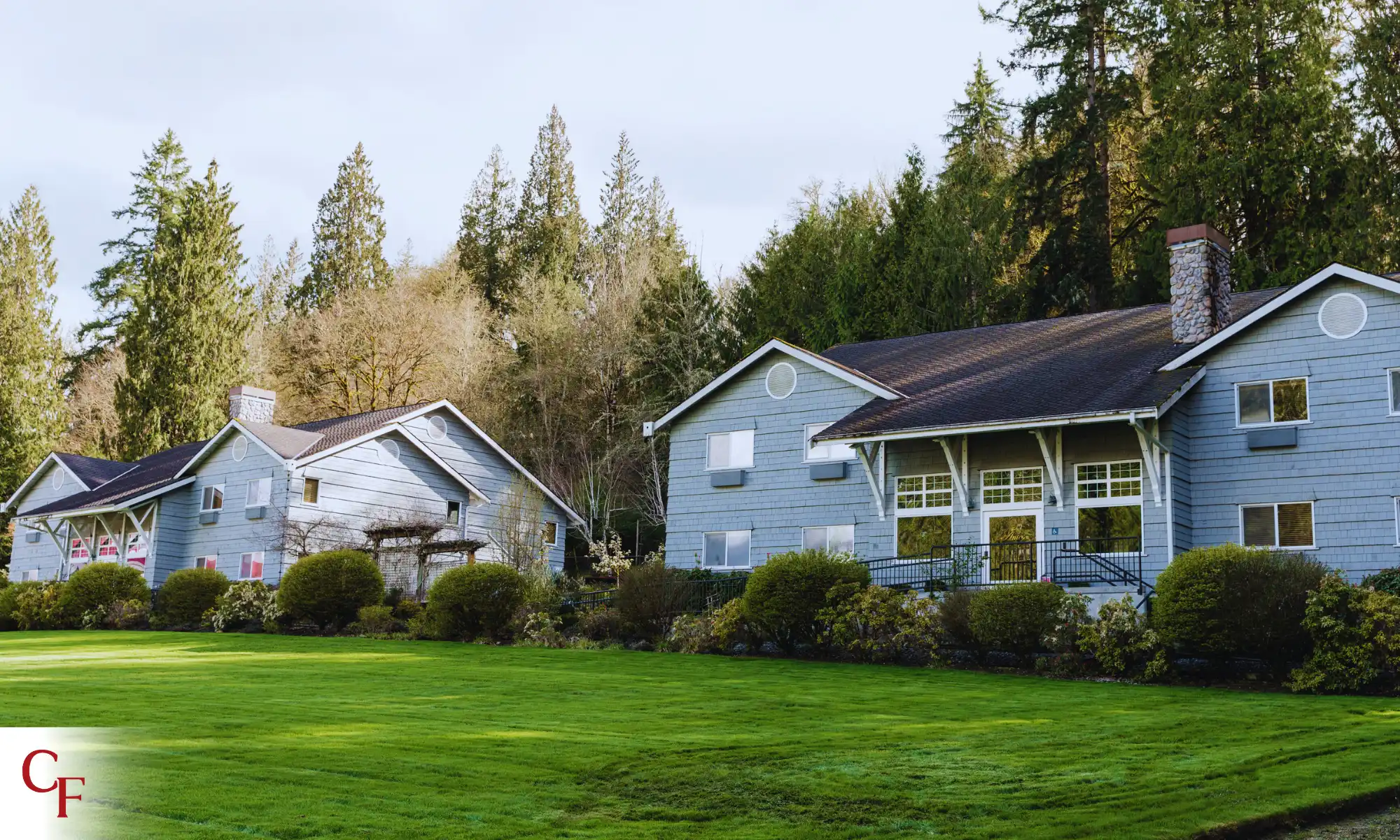 Leadership Retreat Location | Carnation Farms Lodges at Carnation Farms surrounded by trees and open lawns near Seattle