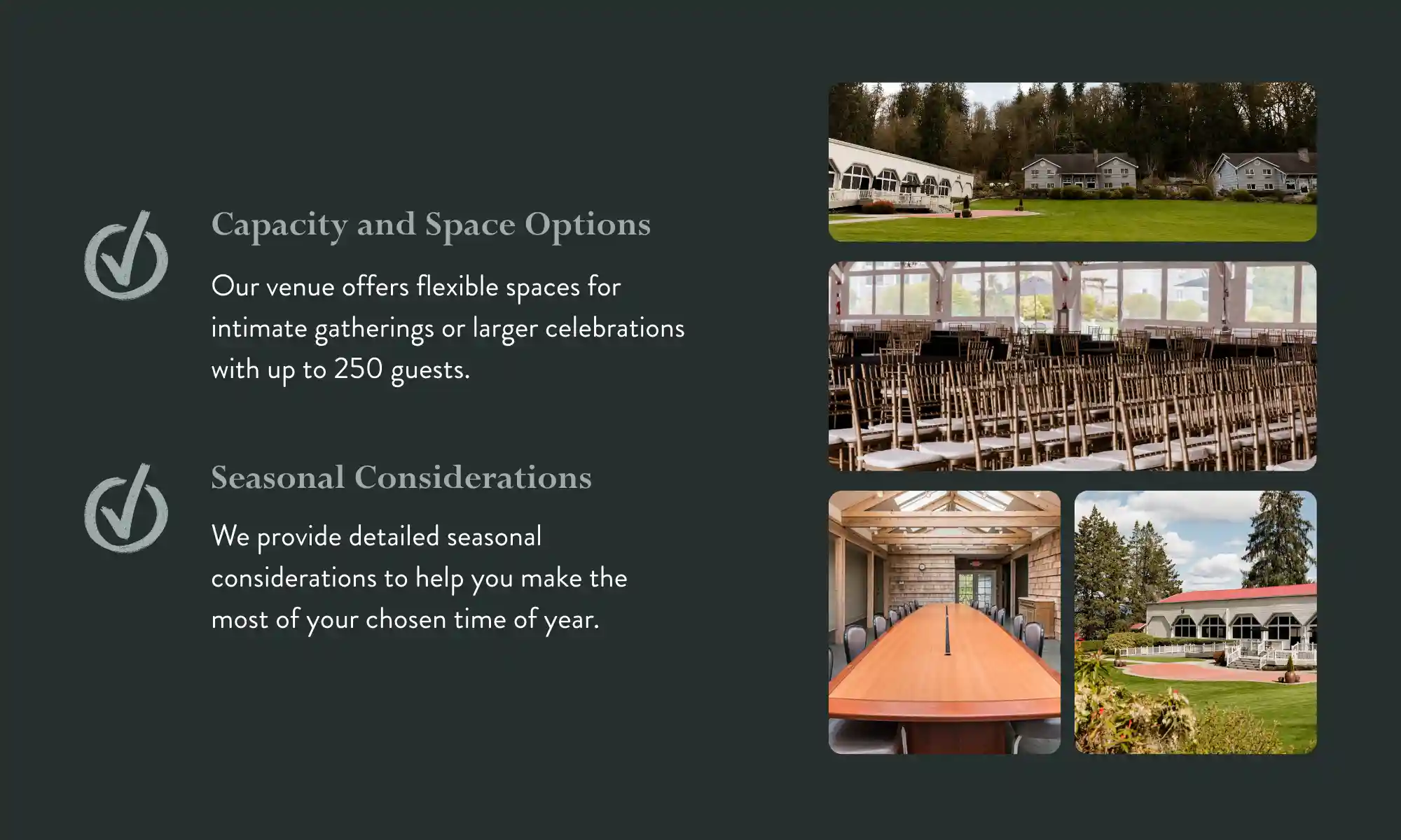 Event planning overview showing venue capacity options and seasonal considerations.