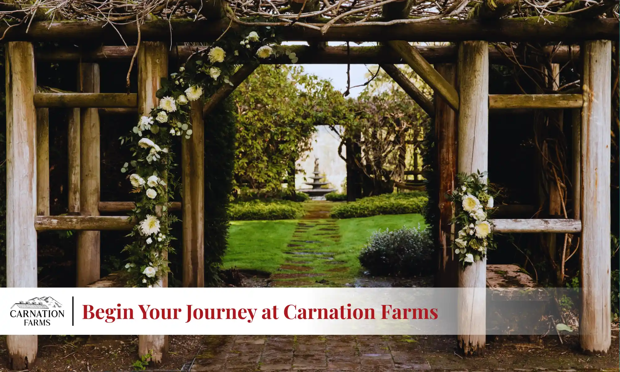 Garden entrance at Carnation Farms with a floral arbor welcoming couples and guests to the wedding venue.